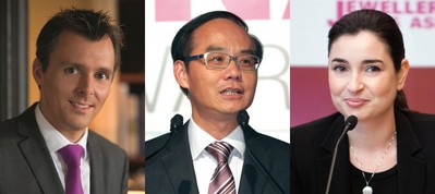 (左起)Gubelin集團總裁Raphael Gubelin、周大福珠寶集團有限公司董事總經理黃紹基、力拓鉆石部市場及銷售大中華代表處經理馬麗詩